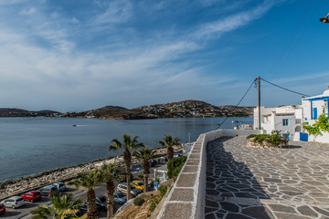 Obraz premium Seafront at Parikia the port of Paros island, in Cyclades, Greece