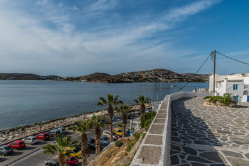 Seafront at Parikia the port of Paros island, in Cyclades, Greece