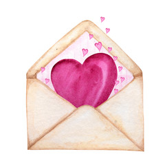 Postal envelope for Valentine day with Hearts Flying Away. Greeting card concept. Pink stripe inside, beautiful romantic retro style. Hand drawn watercolor isolated illustration on white background.