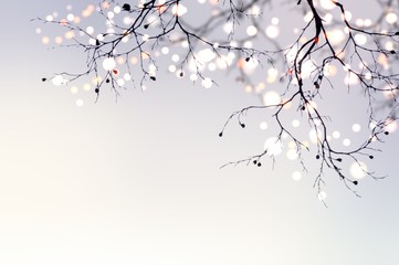 Christmas garland glitters and sparkles on a tree branch. Festive blurred background. Light abstract pearl matte texture.