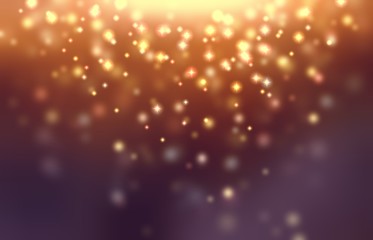 Elite golden sparkles background. Blur bokeh pattern. Glitter abstract texture. Holiday decor defocused template. Lights effect. 