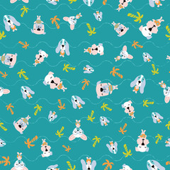Seamless pattern of cute puppies or dogs on vacation enjoying summertime at beach with wavy lines. Surface design for textile, fabric, wallpaper, wrapping, gift-wrap, paper, scrapbook and packaging.
