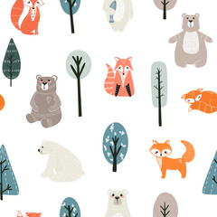 Seamless pattern with cute bears, foxs and different elements. Vector illustration in scandinavian style © arkadiwna