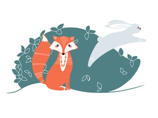 Cute fox, hare and rabbit on a background of plants. Hand drawn illustration in scandinavian style