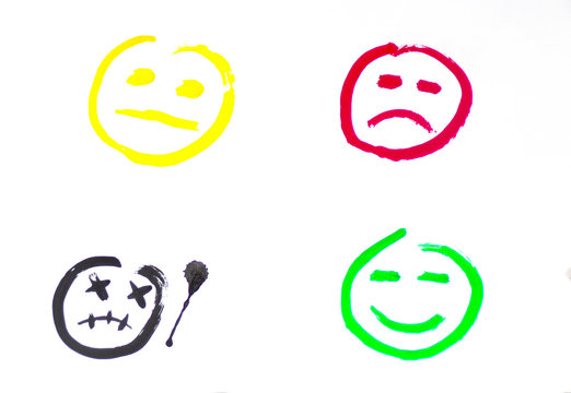 Emoticons moods of a man isolated on a white background. Set of smileys painted with paint. Emoticons drawn in gouache, watercolor. Blank for the designer.