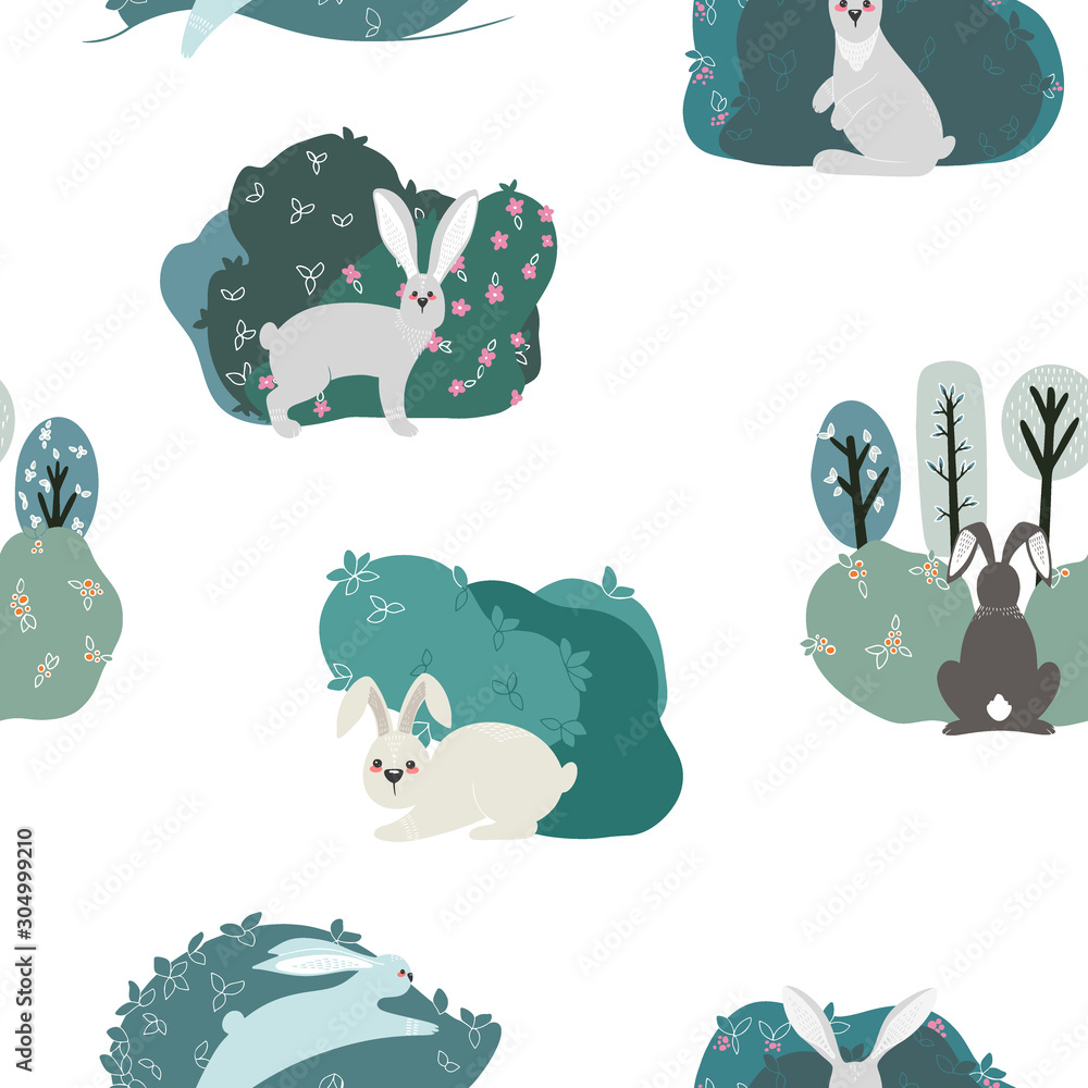 Poster seamless pattern with rabbit, hare and different elements. illustration hand drawn in scandinavian s