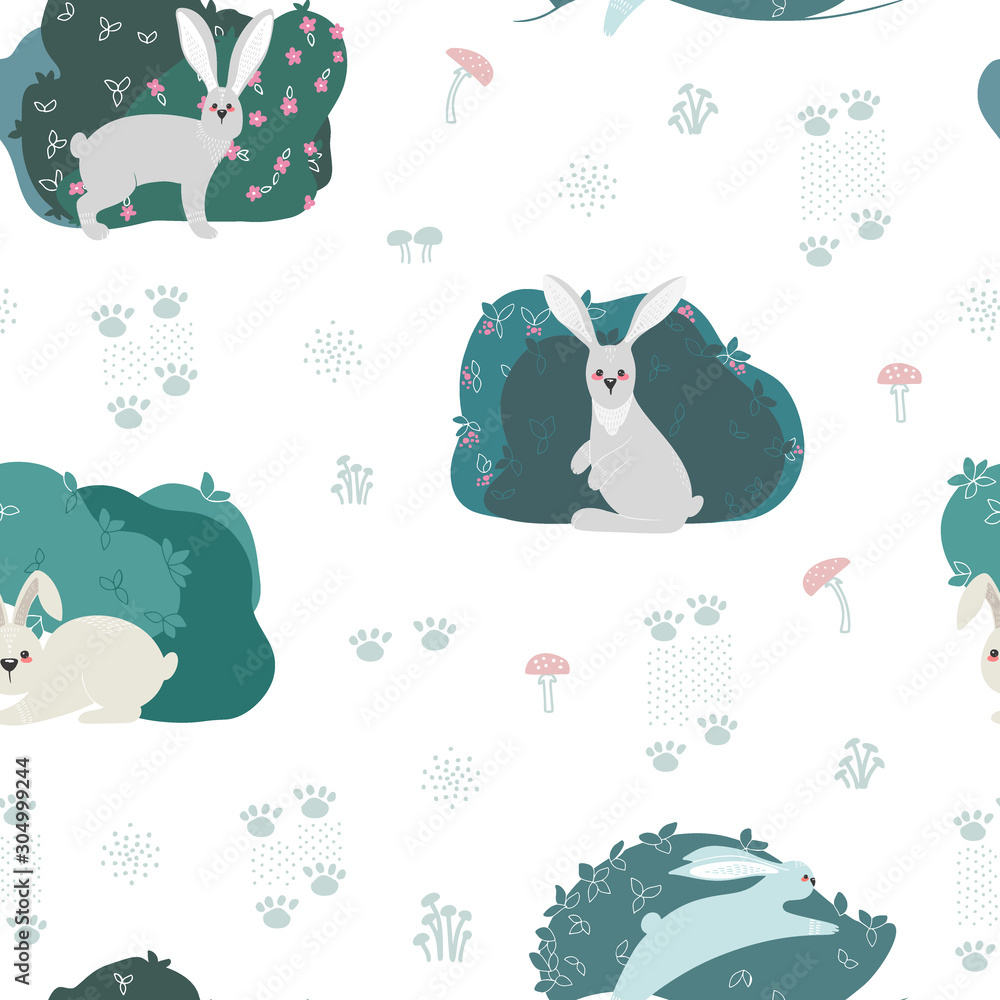 Poster seamless pattern with rabbit, hare and different elements. illustration hand drawn in scandinavian s