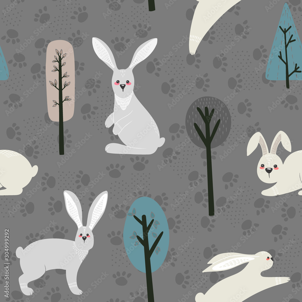 Poster seamless pattern with rabbit, hare and different elements. illustration hand drawn in scandinavian s