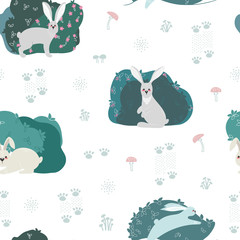 Fototapeta na wymiar Seamless pattern with rabbit, hare and different elements. Illustration hand drawn in scandinavian style