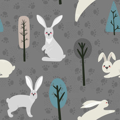 Seamless pattern with rabbit, hare and different elements. Illustration hand drawn in scandinavian style