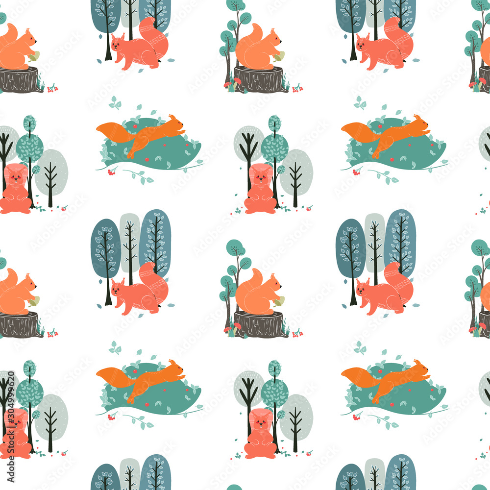 Poster seamless pattern. squirrels on the background of trees, plants. vector illustrations in a scandinavi