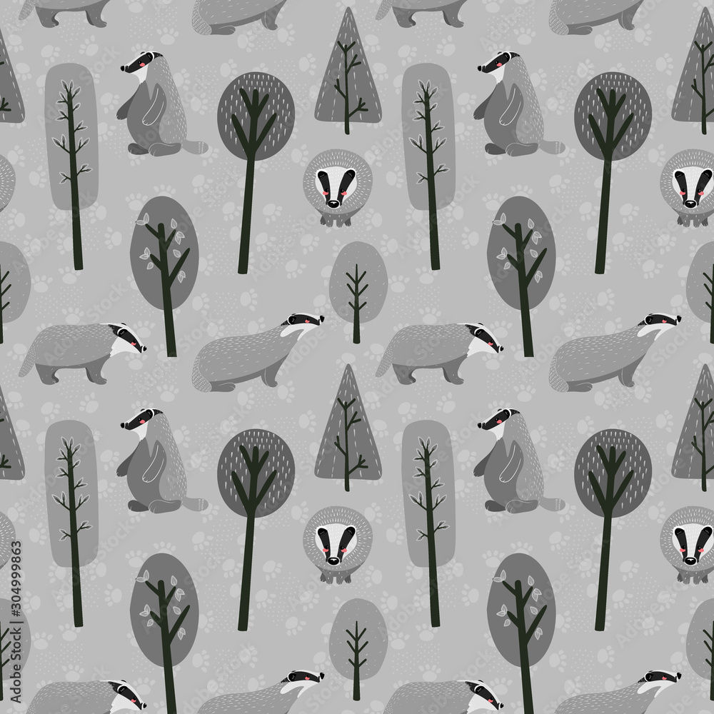 Poster seamless pattern with cute raccoon and different elements. vector illustration in scandinavian style