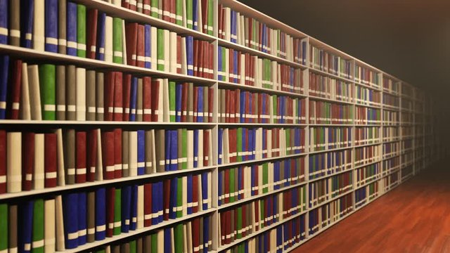 Seamlessly looped move along book shelf with different books on each shelf. Best as an illustration for concept idea of reading, education, university, science or book store. Seamless loop.