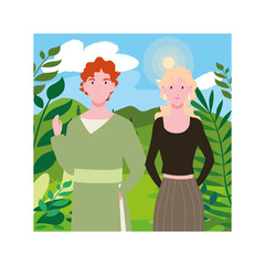 couple of people with background landscape