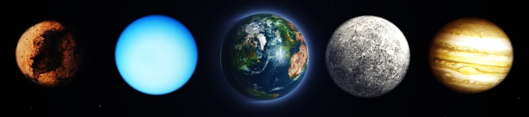Parade of planets, Planet Earth and others. 3d rendering.