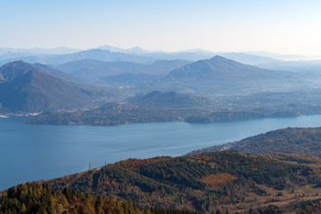 Maggiore lake, from the top of Mottarone mountain, near the town of Stresa in Western Alps, Piedmont region, Italy