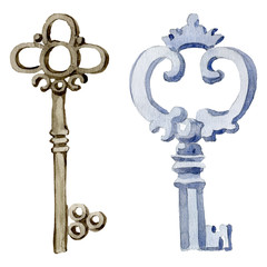 Obraz premium Isolated old key illustration element. Watercolor background illustration set. Isolated keys illustration element.