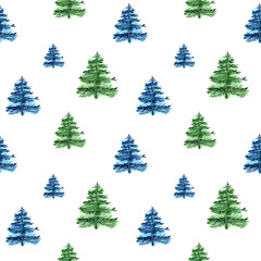 Watercolor seamless pattern with delicate green and blue Christmas Tree. Decorative background with hand painted evergreen fores tree. Winter holiday design perfect for wallpaper and scrapbooking.