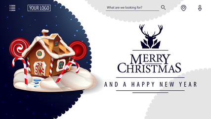 Merry Christmas and Happy New Year, white card for website in minimalistic white style with beautiful greeting lettering and Christmas gingerbread house