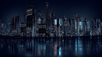 3D Rendering of modern skyscraper buildings in large city at night with reflection on wet  puddle street after raining. Concept for night life, business vision, technology product