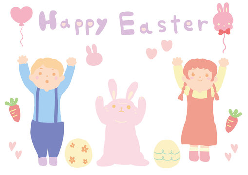 Easter vector illustration.  With easter eggs,little boy little girl and cute bunny.