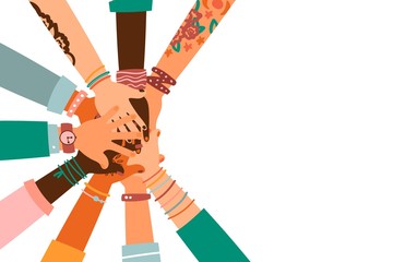Hands together - set of different races raised up hands. The concept of education, business training, volunteering charity, party.