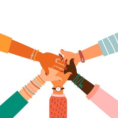 Hands together - set of different races raised up hands. The concept of education, business training, volunteering charity, party.