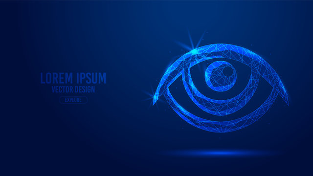 Eyes human organ geometric lines, low polygon triangles style wireframe vector banner template. Isolated medicine science technology concept on a blue background.