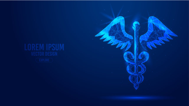 Caduceus staff snake wings geometric lines, low polygon triangles style wireframe vector banner template. Isolated medicine science technology concept on a blue background.