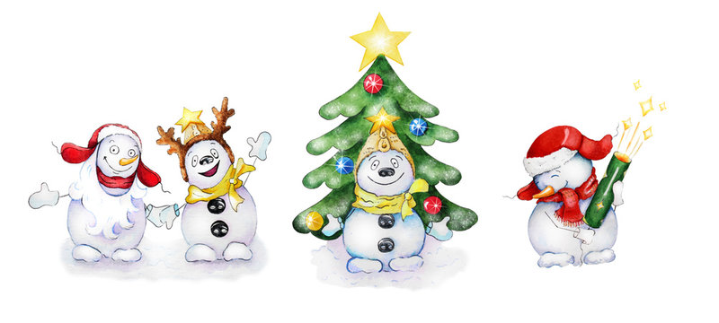 Watercolor Christmas and New Year celebration set. Snowmen characters. One is photographed with a Christmas tree. The second fires with a cracker. Snowmen in Santa Claus and deer costumes.