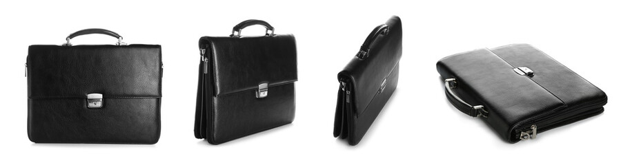 Set of men's briefcases on white background