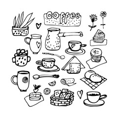 Hand drawn line art vector set of hand drawn icons for coffee houses isolated on white background. Turk, cup, saucer, spoon, jug of milk, dessert, napkins, coffee inscription, flower for design, stick