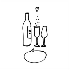 Hand drawn line art vector, two glass icon of drink and bottle, decorative heart on a white background isolated for use in design, doodle illustration, fashion, logo, postcard