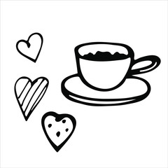 Hand drawn line art vector, tea or coffee cup, plate and hearts on a white background, black and white drawing isolated in doodle graphic style, for use in design, labels, coloring, greeting cards