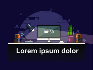 Mordern minimalist workspace on home or studio. Vector interior illustration design. Night time to work and night design.