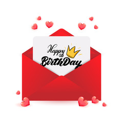 Happy Birthday calligraphy with crown on paper within red envelope with 3d realistic hearts for sale poster, anniversary greeting card, love invitation, promo message, queen romantic vector font
