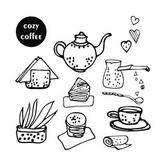 Hand drawn line art vector set of hand drawn icons for coffee houses isolated on white background, надпись Turk, cup and saucer, spoon, milk jug, dessert, napkins, coffee inscription, flower for use i