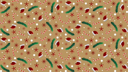 Christmas brown texture with Santa Claus hat, Christmas tree branches, candy cane and snowflake