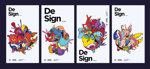 Vector abstract&nbsp;cartoon&nbsp;doodle skull, bone, insect, and head colorful illustration. Liquid and fluid abstract&nbsp;tribal tattoo, sticker and wallpaper&nbsp;background.