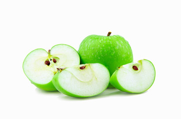 Green apple and half with drop of water is isolated on white background.