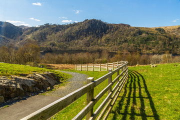 Lake on spring day from distance with fence leading in