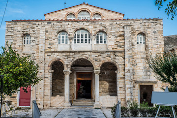 Fototapeta na wymiar Front entrance of Panagia Ekatontapyliani church also known as the church of doors at the island of Paros in Cyclades, Greece
