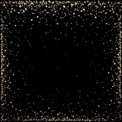 Golden sequins frame template. Shining dust frame on black background isolated. Glitter texture. Sparkles pattern.