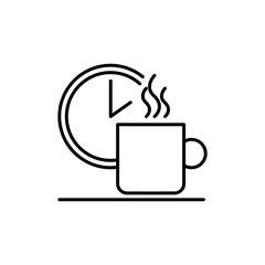 Clock and coffee mug icon. Outline thin line flat illustration. Isolated on white background. 