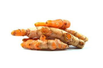 Raw turmeric (Curcuma longa Linn) ingredients for making herbal medicine isolated on white background.