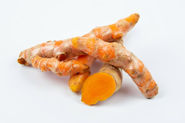 Raw turmeric (Curcuma longa Linn) ingredients for making herbal medicine isolated on white background.