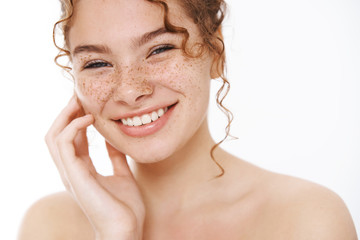 Headshot satisfied tender smiling redhead cute girl freckles curly-haired, standing naked white...