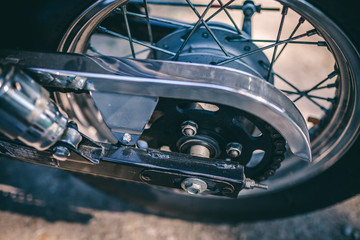 Close up view on wheel and spokes of motorcycle