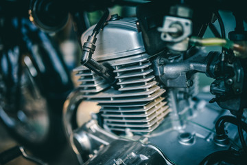 Motorcycle engine in close up view 
