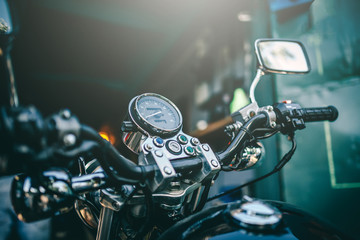 Motorcycle speedometer in close up view, speed meter 